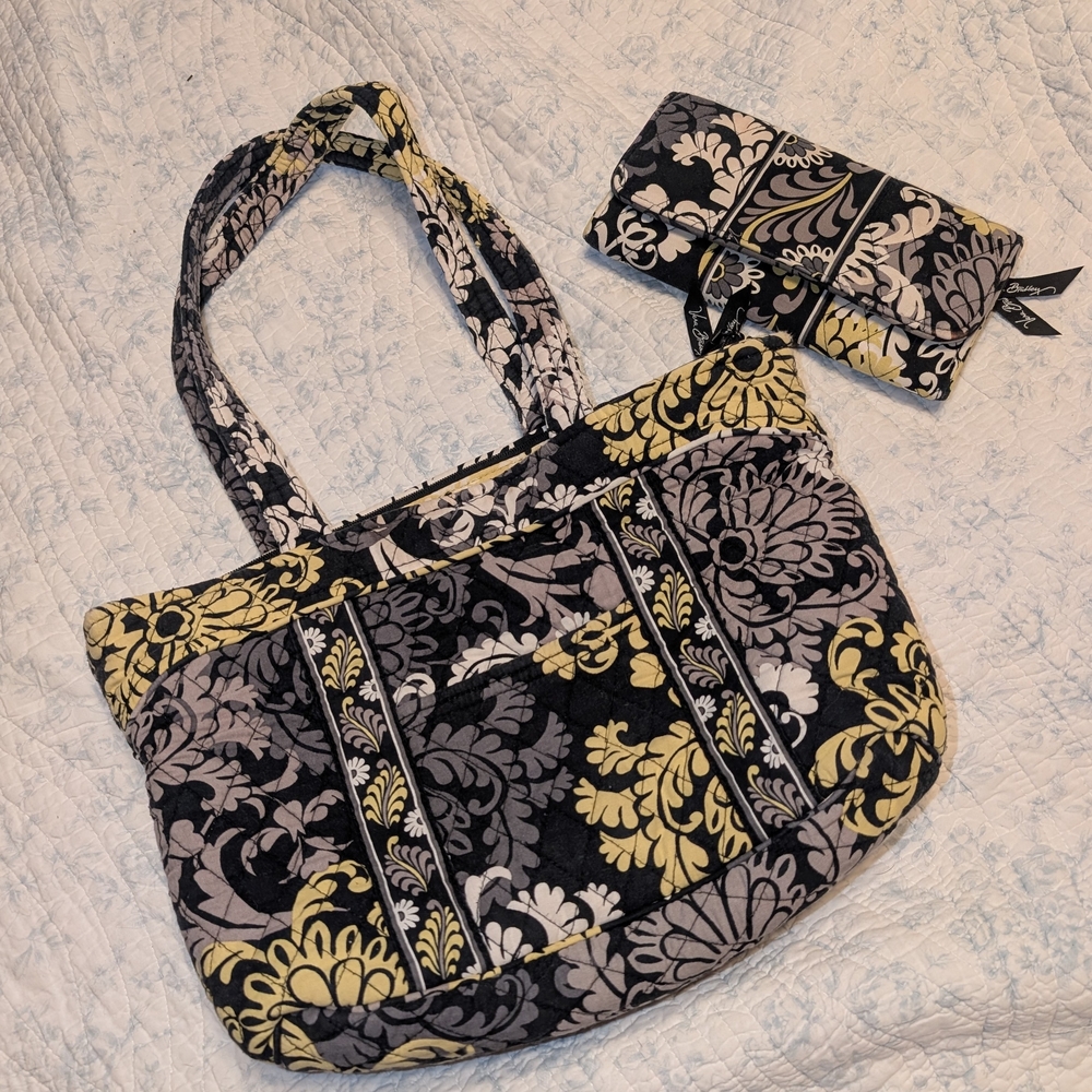 Retired Vera Bradley Black and Yellow Baroque Tote And Wallet Set, EUC